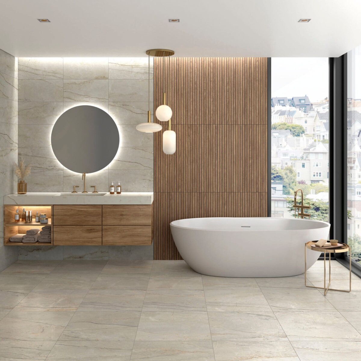 Silverline - Badkamer met lichte steenlook en houtlook op vloer en wand, Aleluia