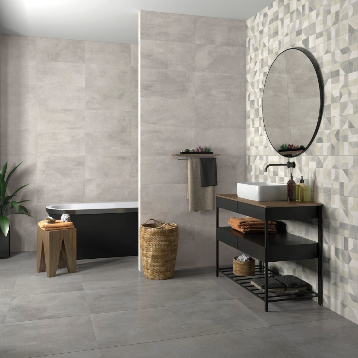 Studio - Badkamer met grijze betonlook en geometrisch decor op vloer en wand, Aleluia
